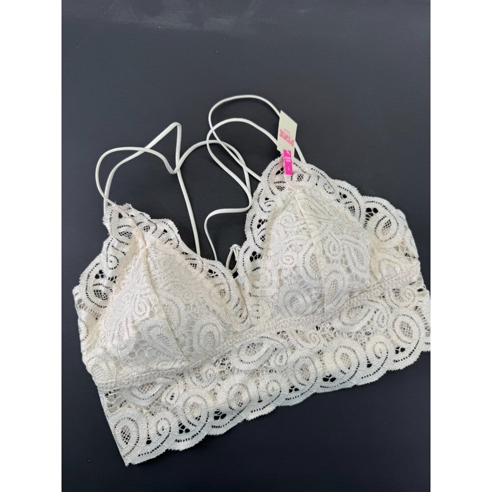 Victoria Secret Pink Size L Gold White Lace Lightly Padded Bra Bralette Strappy